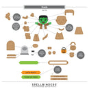 A flat lay instruction sheet from Spellbinders Paper Arts showing how to assemble a 'frank' Halloween decoration. The sheet features multiple illustrated cardboard-like pieces arranged around a central green Frank character, with callout lines and text instructions explaining how to attach and assemble each part.