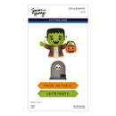 Spellbinders by Simon Hurry Frank Halloween cutting dies set, featuring a sheet of 26 cutting dies with illustrations of Frankenstein's monster, a tombstone, and Halloween text banners.