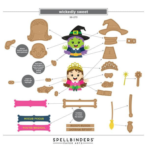 A flat lay sheet of Spellbinders 'Wickedly Sweet' Halloween craft paper toppers, showing various die-cut pieces like a witch hat, broom, wand, and character faces, with assembly instructions and product code.