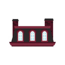 A stylized vector illustration of a dark red and black house facade with three arched windows and two chimneys, isolated on a white background.