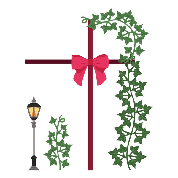 A stylized illustration of a dark red cross decorated with a bright pink bow and a green ivy vine wrapping around it, plus a small separate ivy sprig and a street lamp on a plain white background.