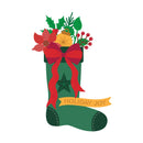 A festive Christmas stocking illustration in dark green with a large red bow, red ribbon tails, holly leaves, poinsettias, berries, a small gold ornament, and a yellow banner reading “HOLIDAY JOY,” on a plain white background.