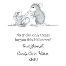 A black and white Halloween-themed graphic with a sketch of a dragon and a mouse sharing candy corn, above the text 'No tricks, only treats for you this Halloween! Treat Yourself Candy Corn Kisses EEK!'.