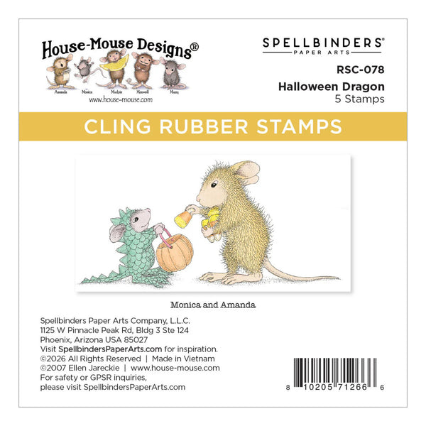 Spellbinders Paper Arts House-Mouse Designs Halloween Dragon cling rubber stamps, RSC-078, featuring 5 stamps with illustrations of a golden-brown dragon and two mice on a white background with product details and a barcode.