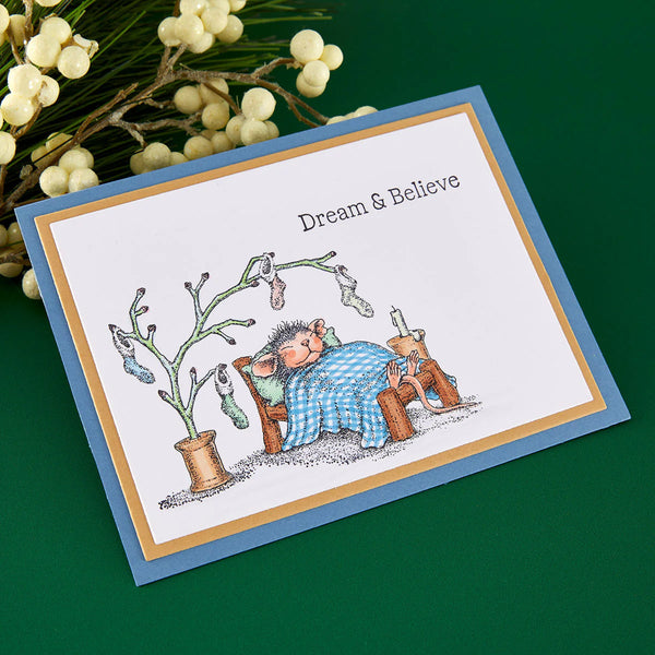 Greeting card with a cartoon bear and butterfly illustration on a green background