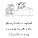 Black and white line art illustration of two mice sharing a slice of pie, with the text 'You've got a slice of my heart. Sweet as Pumpkin Pie Happy Thanksgiving' below on a white background.