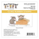 Cling rubber stamps packaging with two mice and a pumpkin pie, featuring House-Mouse Designs and Spellbinders branding.