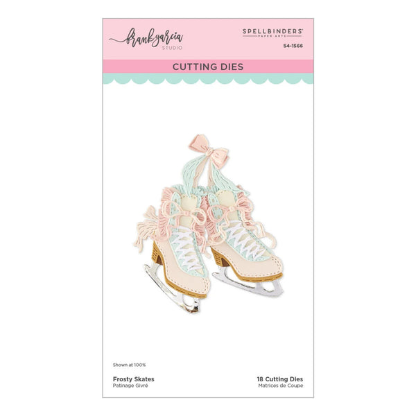 Spellbinders by Frank Garcia 'Frosty Skates' 18 cutting dies sheet, featuring a pastel illustration of two decorated ice skates on a white card with pink and teal header bands.