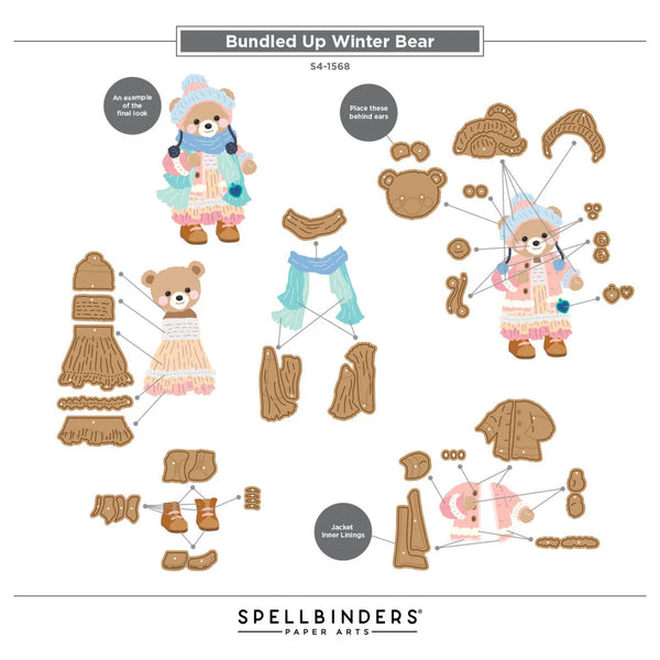Spellbinders Paper Arts 'Bundled Up Winter Bear' craft kit sheet showing various die-cut paper pieces for assembling a teddy bear doll and its winter outfit, on a white background.