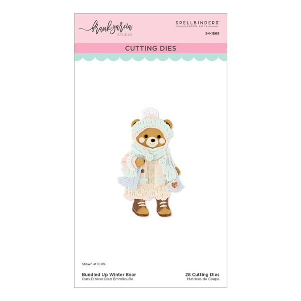 Spellbinders by Brinkie Art 'Bundle Up Winter Bear' cutting dies package, showing a preview of the embroidered winter bear design on a white card with pink and teal branding bands.