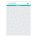 Spellbinders Paper Artie Snow Joy 2x4 x 4x4 stencils, featuring a light gray sheet with a repeating pattern of white snowflakes, shown in its retail packaging.