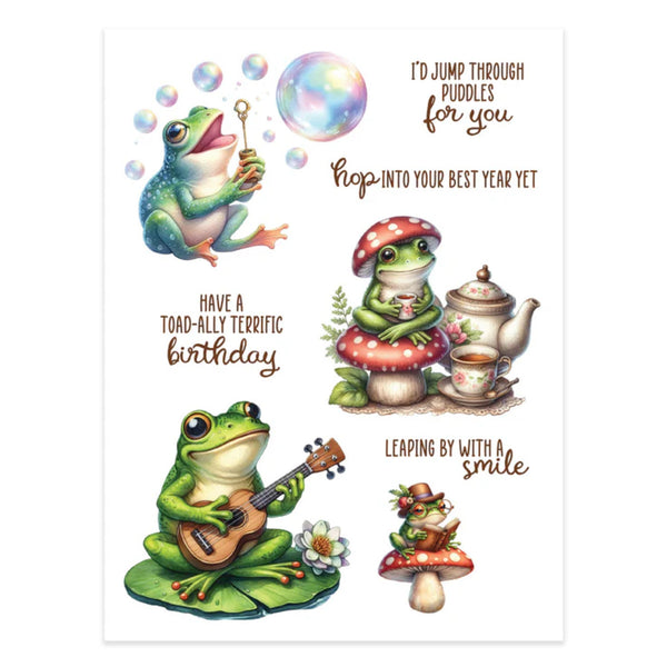 Illustrations of frogs in various poses with humorous text on a white background