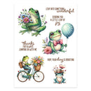 Illustrations of frogs with flowers and balloons on a white background