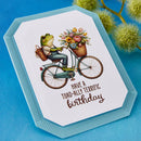 Greeting card with a frog on a bicycle carrying flowers, text 'Have a toad-ally terrific birthday' on a blue background.