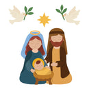 Flat vector illustration of the Holy Family with baby Jesus in a manger, surrounded by doves with olive branches and a star on a white background.