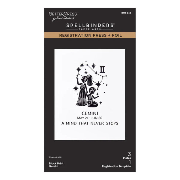 Spellbinders Gemini zodiac design on a black and white packaging