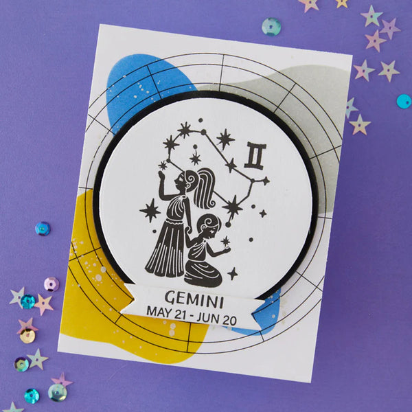 Sticker of Gemini zodiac sign on a purple background with decorative elements