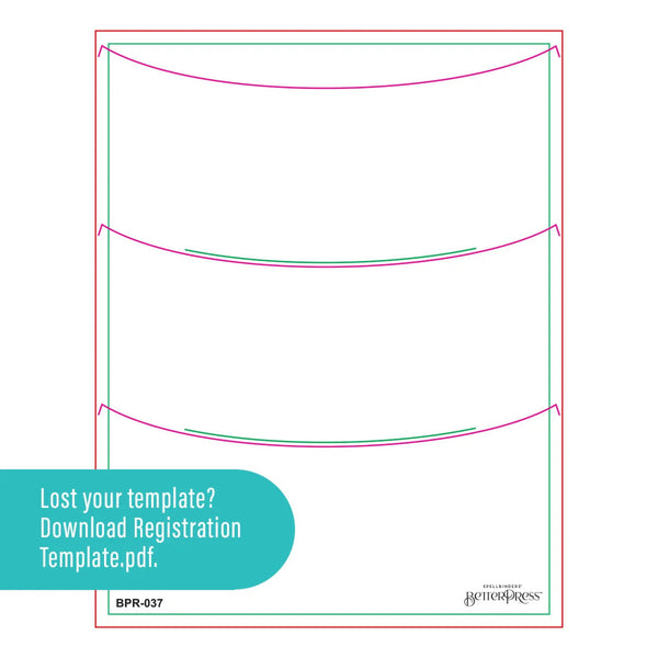 A registration template sheet with curved guide lines in pink, teal, and red on a white background, plus a teal label that says 'Lost your template? Download Registration Template.pdf.