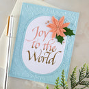 Christmas card with 'Joy to the World' text and poinsettia flower on light blue background
