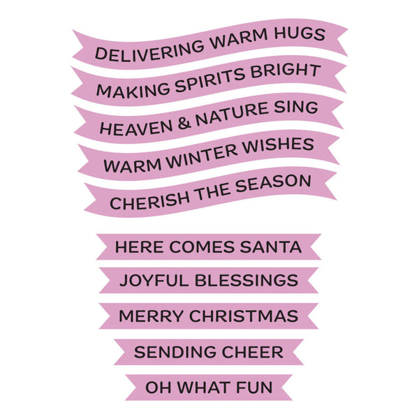 A set of pink ribbon-shaped decorative stickers with black text displaying Christmas and holiday-themed phrases on a plain white background.