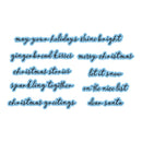A sheet of holiday-themed die-cut stickers featuring cursive text phrases like 'may your holidays shine bright', 'gingerbread kisses', 'merry christmas', and others, outlined in light blue on a white background.