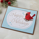 Holiday card with red cardinal and 'Happy Holidays' text on a light blue background