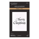 Better Press Glennar Spellbinders Paper Arts Press + Foil plate package for Merry Christmas upright italic script, showing a white card with black lettering on a black background.