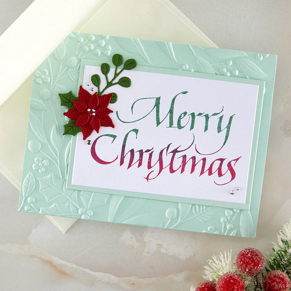 Christmas card with red poinsettia and 'Merry Christmas' text on a textured green background.