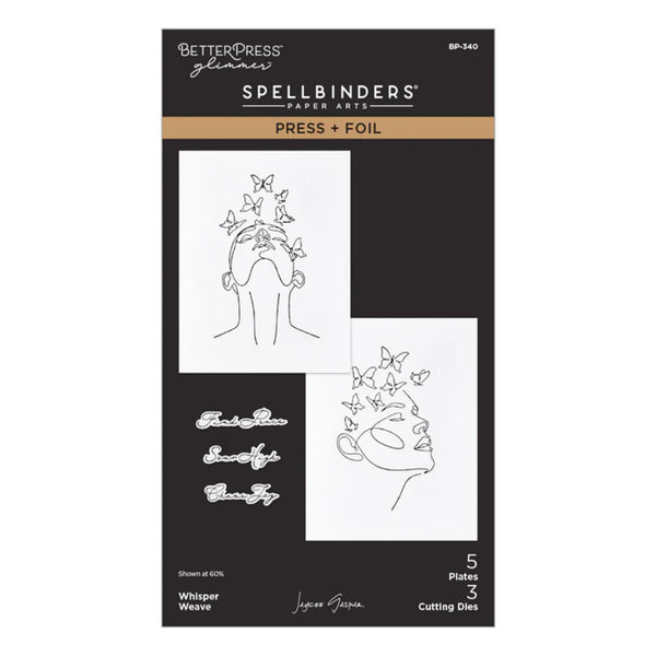 Spellbinders paper art packaging with designs and text on a black background