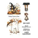 A sheet of Halloween-themed decorative graphics and text on a white background, featuring a haunted house with pumpkins and a witch hat, striped witch legs, a ghost on a swing, and phrases including 'Tricks, Treats & Fun', 'BOO CREW', 'Ghoul Friends Forever', and 'HAPPY HALLOWEEN'.