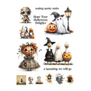 A sheet of watercolor-style Halloween illustrations on a white background, featuring cartoon mummies, ghosts, pumpkins, witch hats, ducks, and decorative text including 'sending spooky smiles', 'Hope Your Halloween Delights', and 'a haunting we will go'.