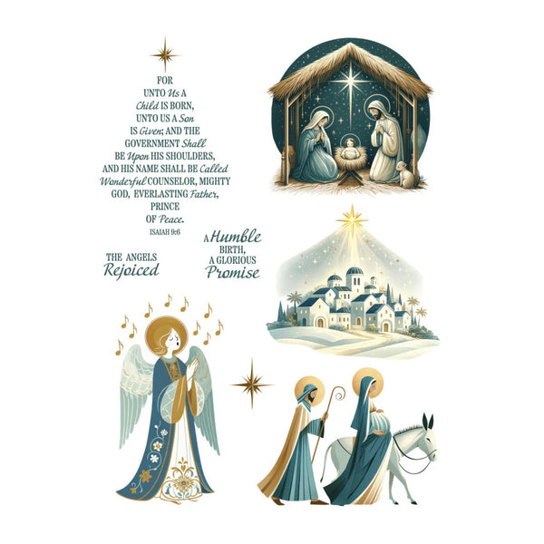 Nativity scene with Mary, Joseph, and baby Jesus, surrounded by angelic figures and text.