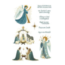 Nativity scene with angels and text on a white background