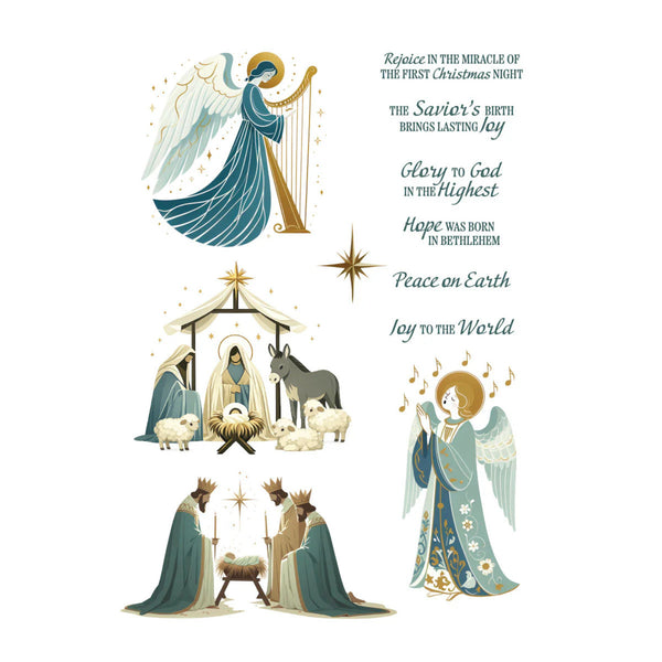 Nativity scene with angels and text on a white background