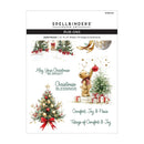 Spellbinders Paper Arts Joyful Season Rub-Ons sheet, featuring watercolor illustrations of teddy bears with Christmas trees, ornaments, gifts, and festive text on a white background.