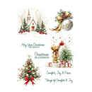 Collection of Christmas-themed illustrations including a church, wreath, teddy bear, and tree on a white background.