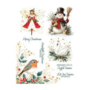 A sheet of Christmas-themed decorative graphics or decals featuring an angel in a red dress, a snowman with a broom, a robin bird with holly and berries, and festive text including 'Merry Christmas' and 'Wishing You a Joyful Season'.