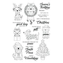 A sheet of black-and-white holiday-themed cartoon illustrations and phrases, including a dalmatian, cat in a wreath, cat in a Santa outfit, dachshund with a gift, Santa dog, and a Christmas tree, with text such as 'Season'sGreetings,' 'Christmas,' and 'Happy Holidays.'.