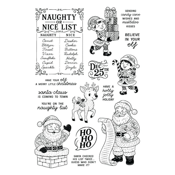 A sheet of black-and-white Christmas-themed stamp designs featuring Santa Claus, elves, a reindeer, gift boxes, and holiday phrases such as 'Naughty or Nice List,' 'Believe in your elf,' and 'Ho Ho Ho.'.