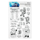 Huntor / Ranger clear photopolymer stamp sheet featuring Christmas-themed black and white designs including Santa Claus, a reindeer, a gift, and holiday phrases such as 'Naughty or Nice List' and 'Dec 25th'.