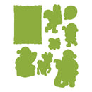 Set of green silhouette shapes on a white background