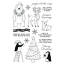 Set of Christmas-themed illustrations including a bear, deer, penguins, and a tree with text on a white background.