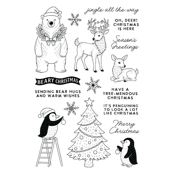 Set of Christmas-themed illustrations including a bear, deer, penguins, and a tree with text on a white background.