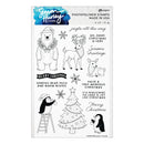 A sheet of clear photopolymer stamps with black line-art illustrations and holiday phrases, including polar bears, deer, penguins, a Christmas tree, snowflakes, and text such as 'jingle all the way,' 'Beary Christmas,' and 'Merry Christmas.' The top header shows the brand name Ranger and the maker name Susan Harney Create.