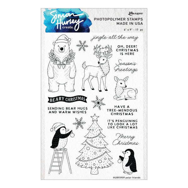 A sheet of clear photopolymer stamps with black line-art illustrations and holiday phrases, including polar bears, deer, penguins, a Christmas tree, snowflakes, and text such as 'jingle all the way,' 'Beary Christmas,' and 'Merry Christmas.' The top header shows the brand name Ranger and the maker name Susan Harney Create.