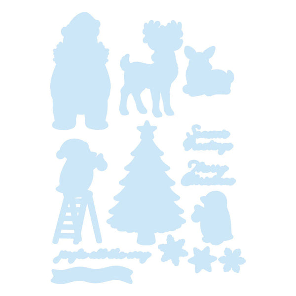 A set of light blue Christmas-themed silhouette cutouts or decals on a plain white background, including a Santa Claus figure, reindeer, dog, Christmas tree, snowflakes, and decorative banners.