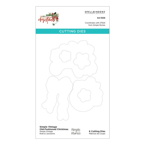 Spellbinders' Simple Vintage Old-Fashioned Christmas 6 Cutting Dies package, featuring a white card with black text and a teal banner, displaying the outline of the die-cut shapes.
