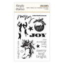A 4-piece clear stamp set from Simple Stories, featuring black holiday-themed stamp designs including bows, a stocking, stars, and festive phrases like 'merry christmas' and 'joY' on a white backing card.