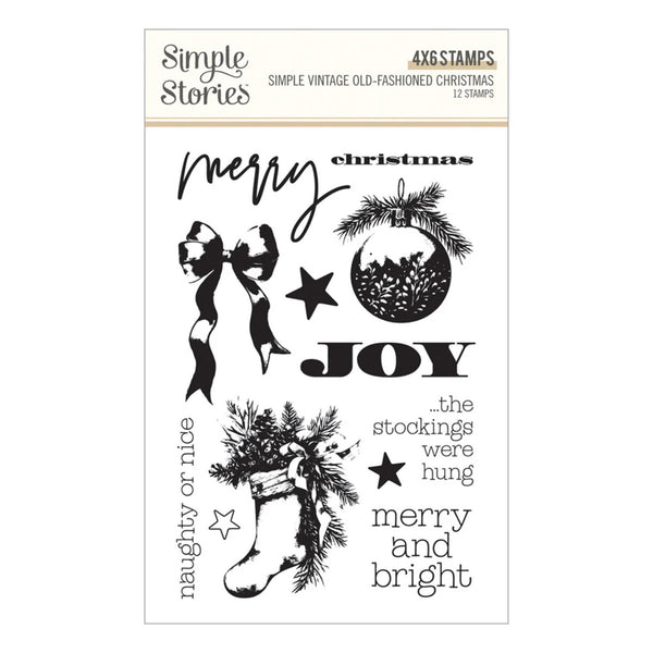 A 4-piece clear stamp set from Simple Stories, featuring black holiday-themed stamp designs including bows, a stocking, stars, and festive phrases like 'merry christmas' and 'joY' on a white backing card.