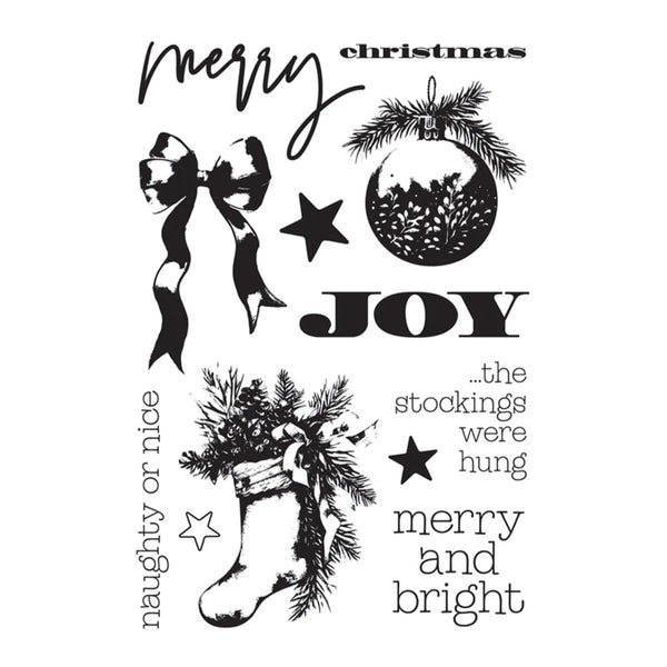 A sheet of black Christmas-themed text and illustration stamps on a white background, including phrases like 'Merry Christmas,' 'JOY,' 'the stockings were hung,' 'naughty or nice,' and 'merry and bright,' along with a bow, ornament, stocking, stars, and pine branches.
